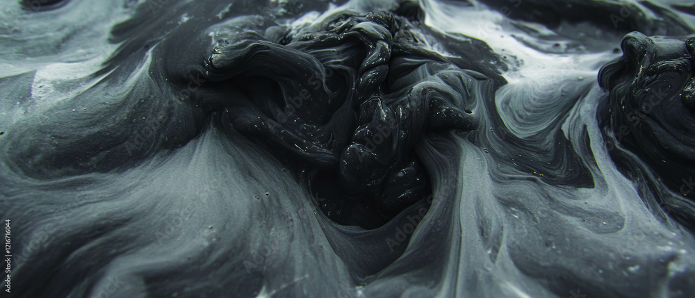 Poster exploration of dense black india ink texture with flowing patterns and matte finish