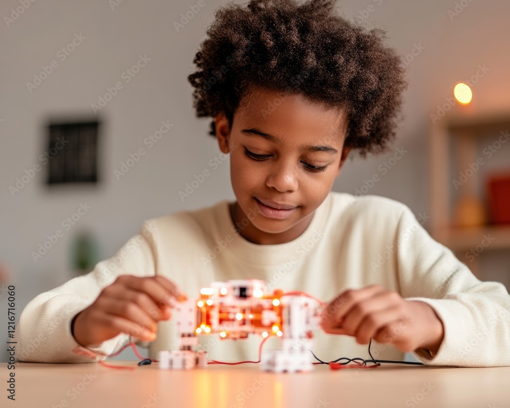 Poster interactive stem edtech african american youth engaged with robotics and circuits on wooden surface 