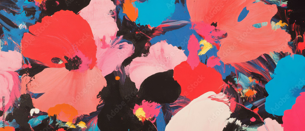 Poster exploring vibrant ink blooms with contrasting colors and organic shapes in abstract art