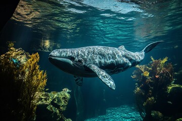 Fototapeta premium Majestic whale gliding through vibrant underwater world in a marine habitat during daylight