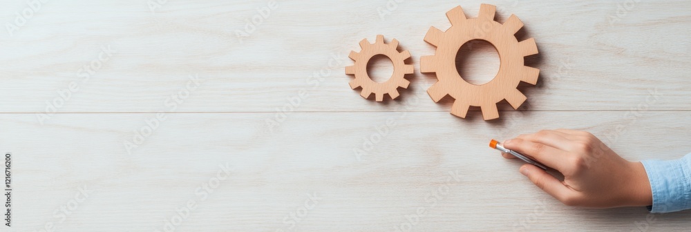 Fototapete interactive learning aesthetic students with wooden gears on minimalist table - project-based stem c
