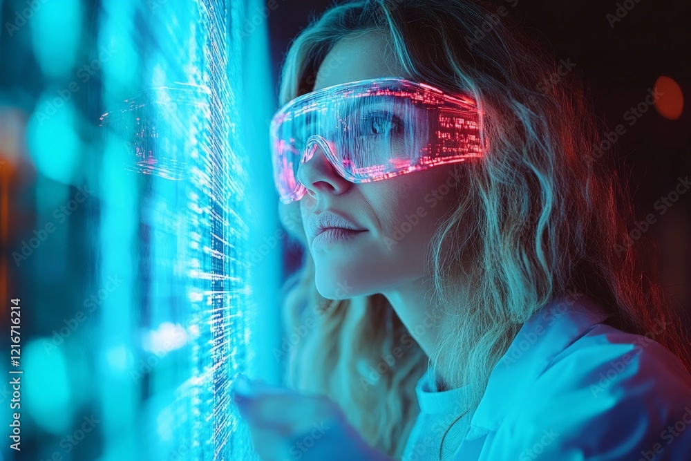 Aufkleber scientist using holographic technology for research in a futuristic laboratory at night