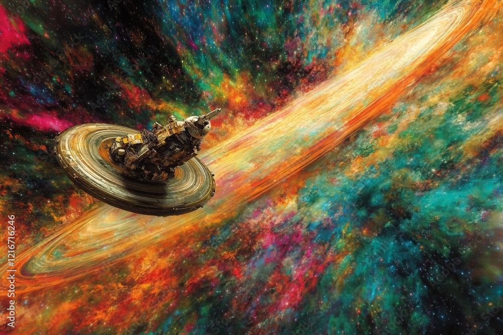 Poster exploration of vibrant space filled with swirling colors and a distant ringed planet