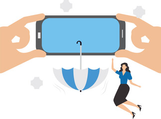 Online insurance, buy insurance online on the internet, happy woman receives umbrella from big businesswoman hand which comes out via smart phone