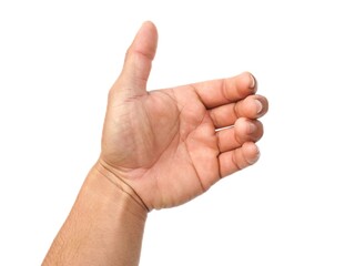 A man acts like he's holding something, like a phone or a water bottle. Or reaching out to...