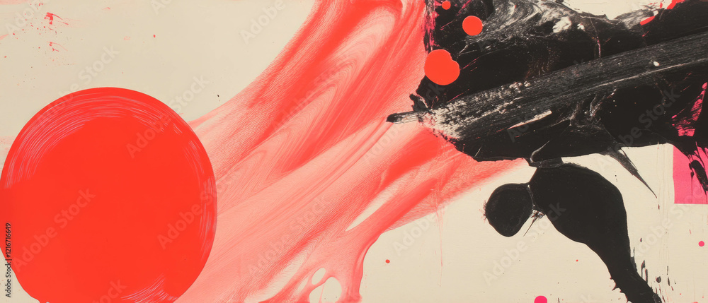 Aufkleber ink textures create dynamic contrasts with bright red shapes on paper