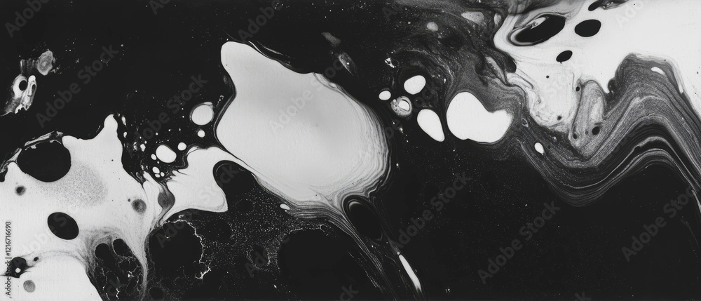 Poster exploring varied shapes and textures of ink spills on a black surface