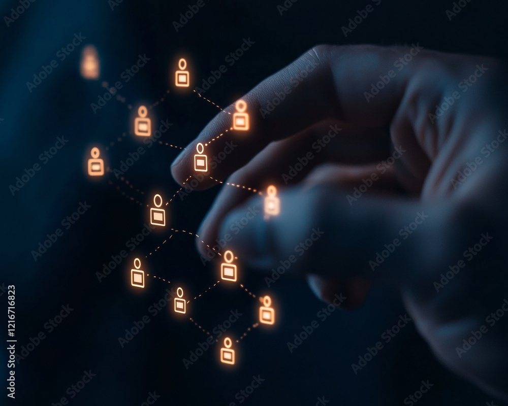 Poster Futuristic Digital Interface Virtual Hand Interacting with Holographic Network Nodes - Tech-Driven Remote Collaboration and Business Innovation in Enterprise Solutions