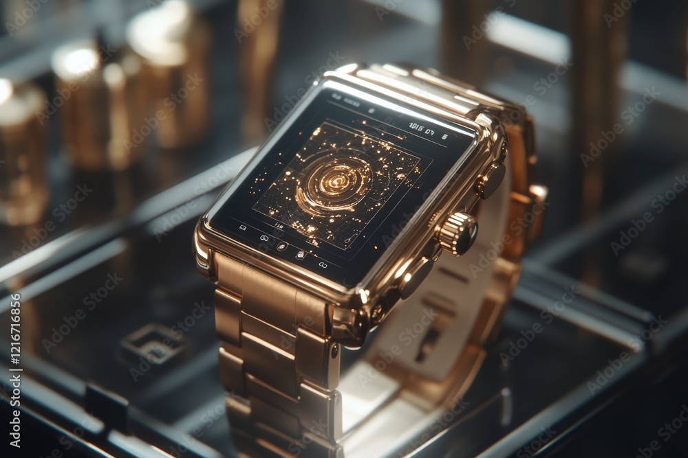 Poster Luxurious gold smartwatch showcasing intricate digital display in a high-end retail setting