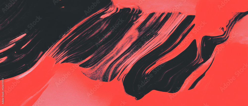 Poster Bold contrast of ink textures with vibrant red shapes and fine lines