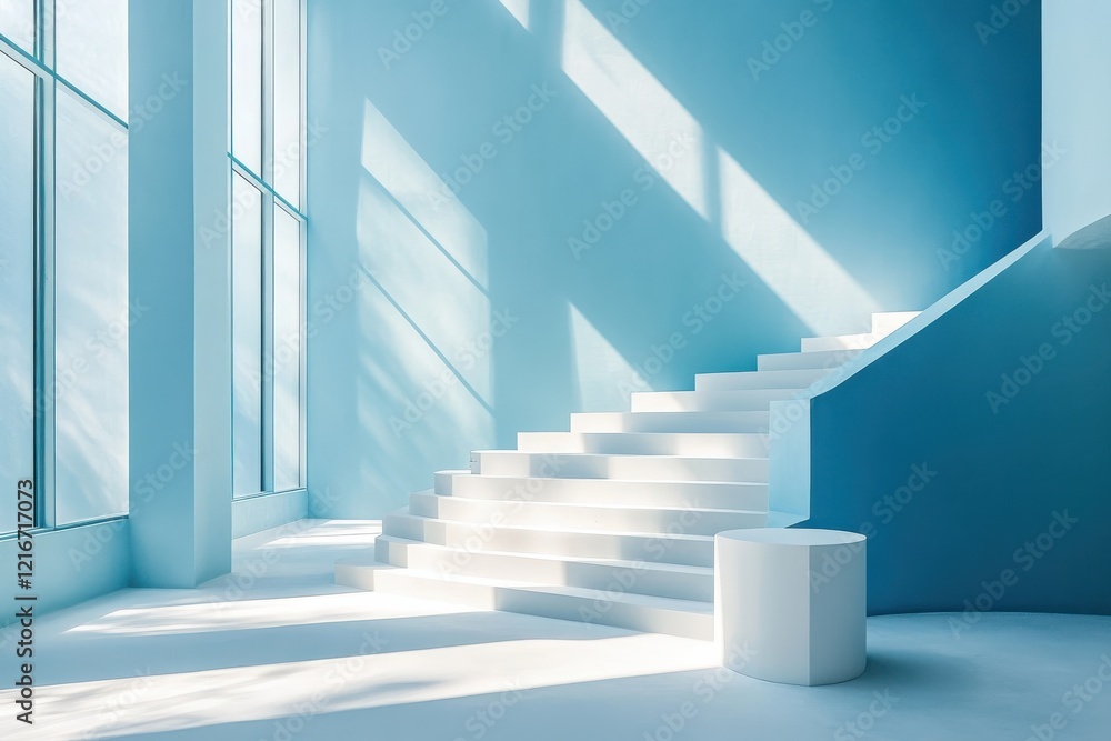Poster sunlit blue interior with modern staircase and large windows creating geometric patterns