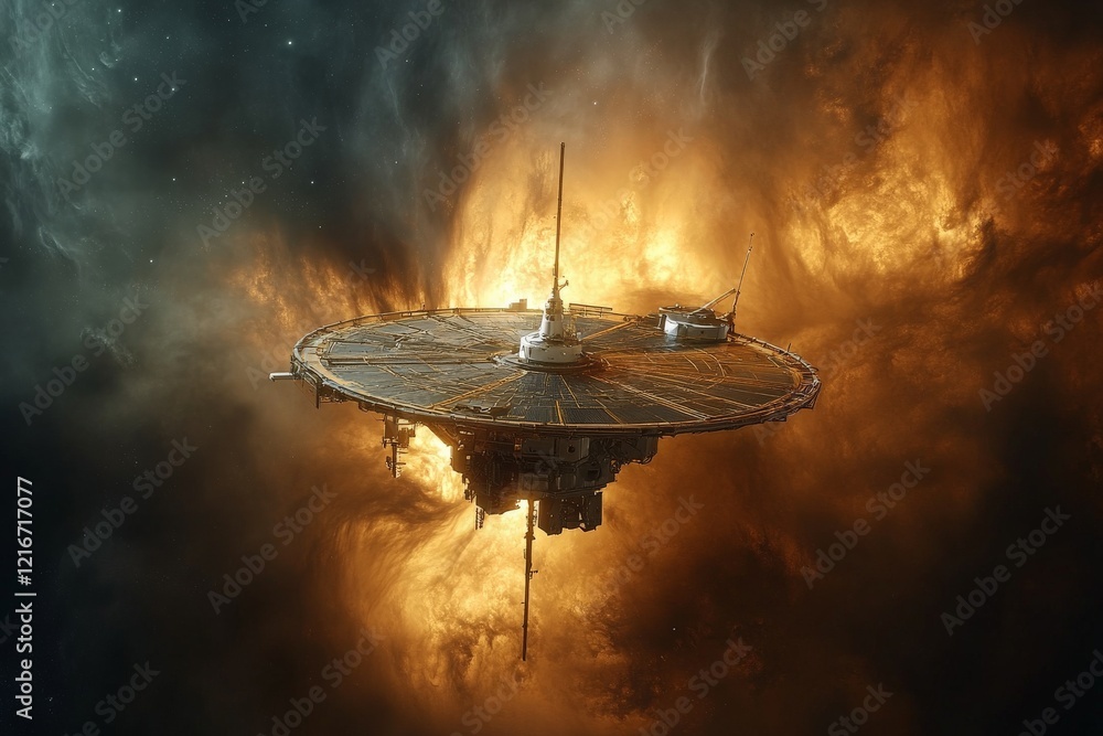 Poster stunning space station floating amidst vibrant cosmic clouds and fiery colors in the depths of the u