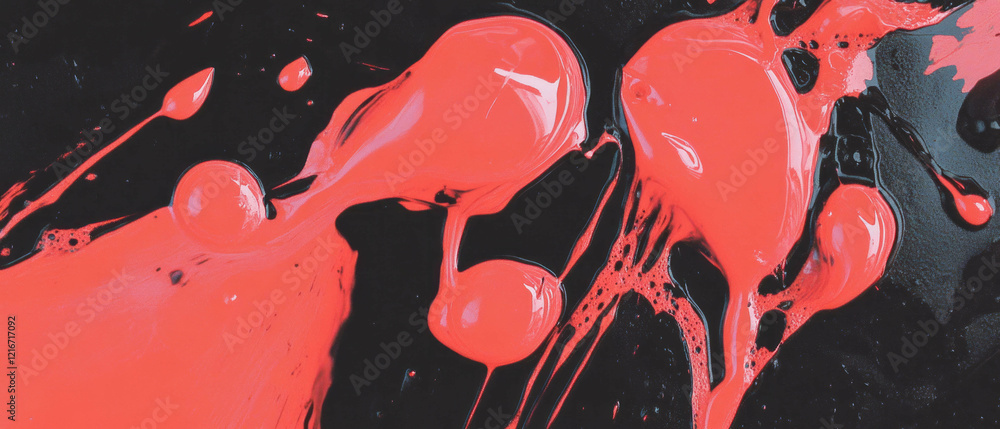 Poster Bright red ink droplets create abstract patterns on a dark surface with varied textures