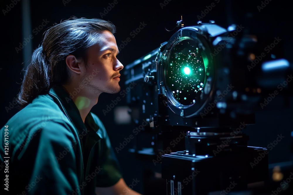 Poster young scientist observes laser technology during experiment in a dark lab setting, focused on intric