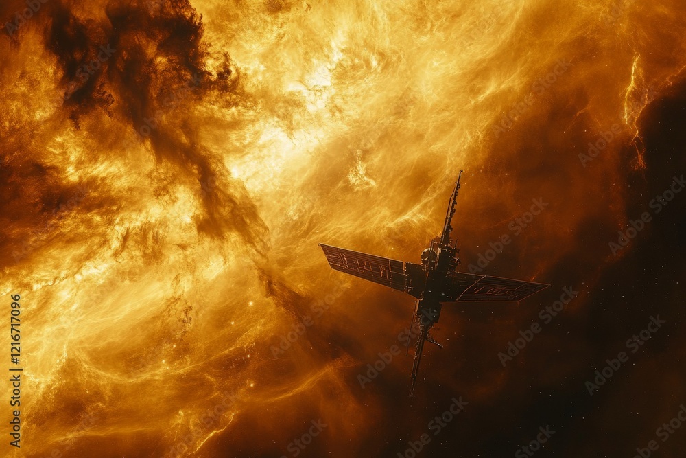 Aufkleber spacecraft explores fiery solar atmosphere amidst golden solar flares and plasma currents in deep sp