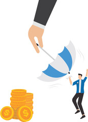 Buy insurance for future security, happy man receives umbrella from big businessman hand