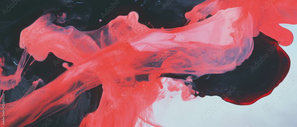 Poster Bright red ink flows and spreads across a dark surface creating unique textures and contrast