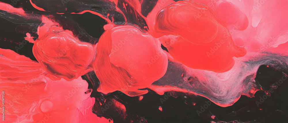Aufkleber Ink and alcohol blend creating vibrant red shapes with unique textures and contrast