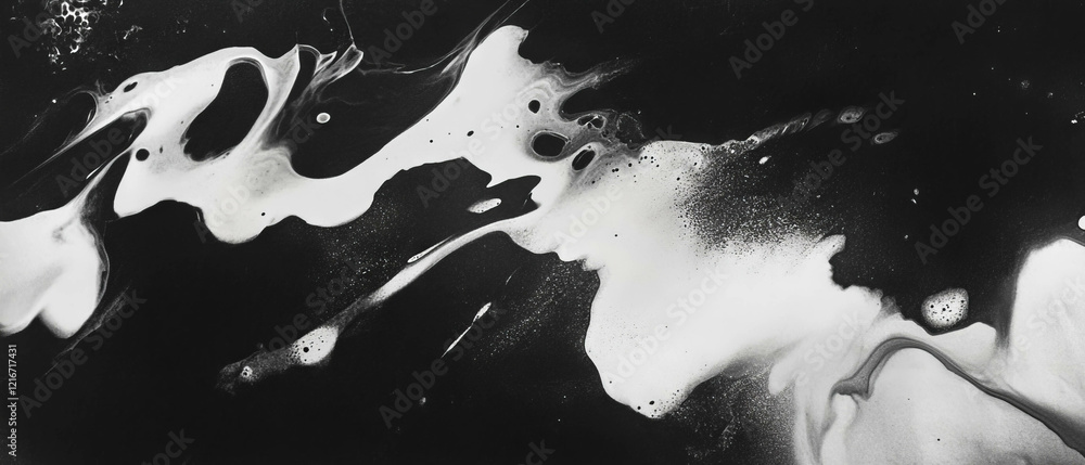 Poster exploring ink textures with varying viscosities and flow effects in black and white