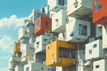 Unique architectural design showcases modern living in colorful modular units against a clear sky