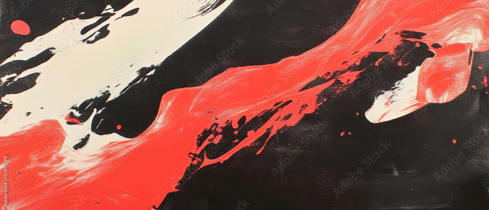 Poster exploration of ink and oil textures with contrasting red shapes and unique effects