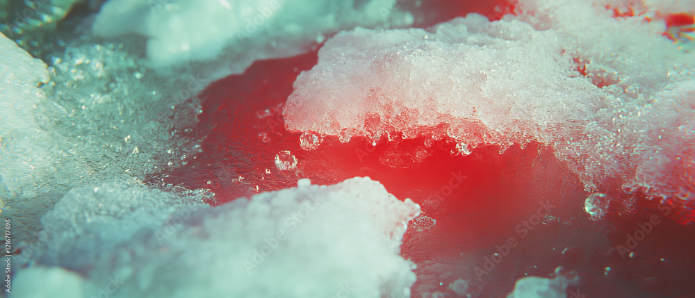 Poster Ink and salt create vibrant textures with crystalline patterns and contrasting red highlights