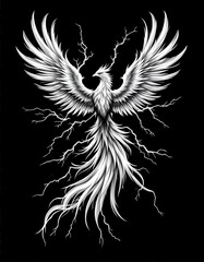 Black and white illustration of a phoenix with lightning wings