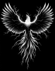 Black and white illustration of a phoenix with lightning wings