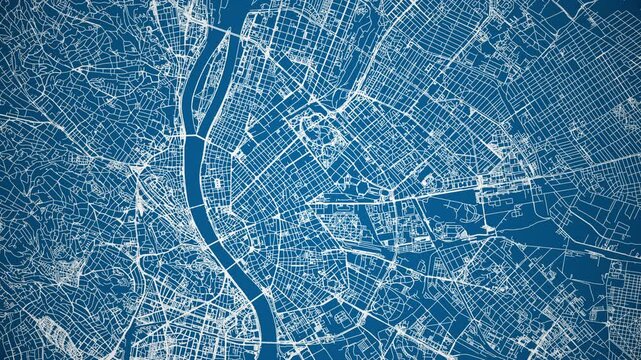 Ink reveal animation of Budapest city, Hungary, grid map. Aerial top view. Blueprint style. White lines with blue background. 4K Seamless loop.