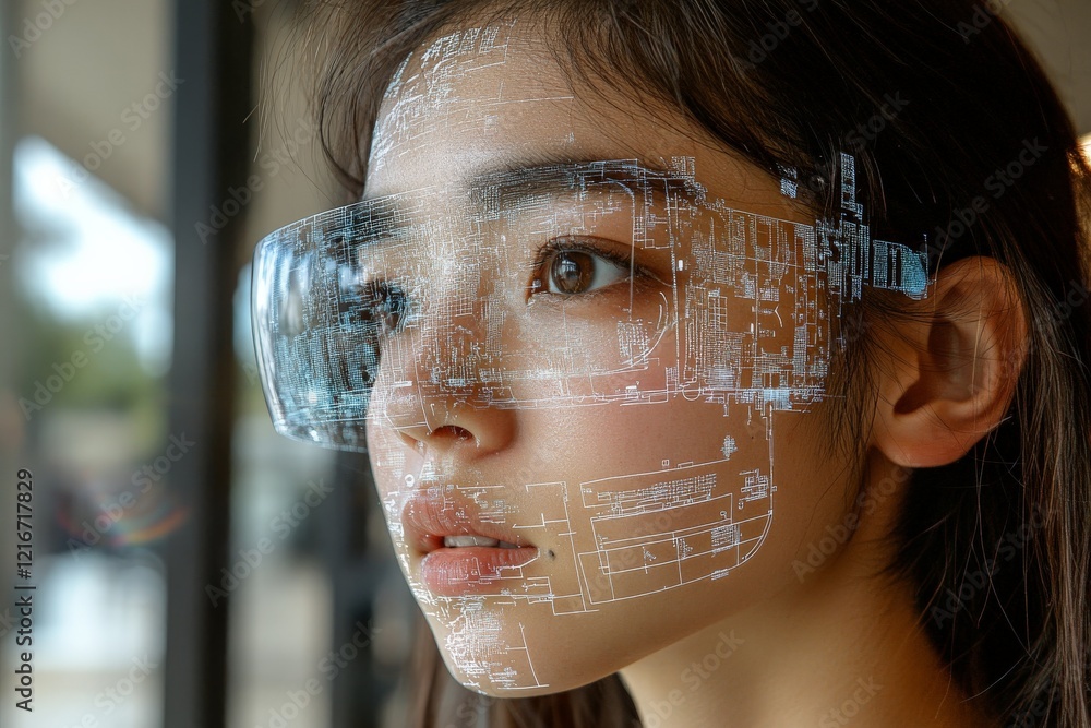 Poster futuristic technology enhances human experience with augmented reality displayed on face