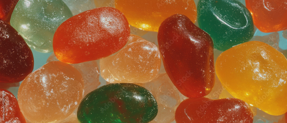 Poster brightly colored jelly beans with shiny surfaces and varied textures on a soft background