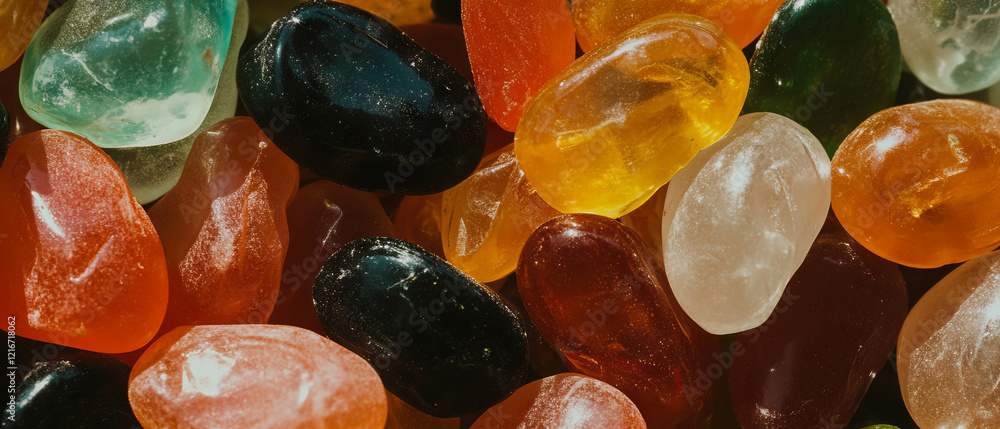 Poster colorful jelly beans displaying shiny surfaces and varied textures in a delightful assortment