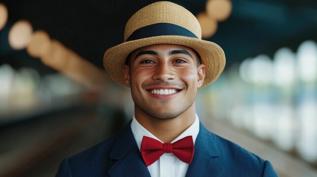 Smiling Bellboy in Classic Uniform Assisting Guests with Luggage in Elegant Hotel Lobby  Timeless Service and Hospitality Concept