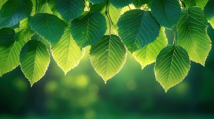 Fototapeta na wymiar Sunlit Green Leaves on Branch Over Blurred Forest Background