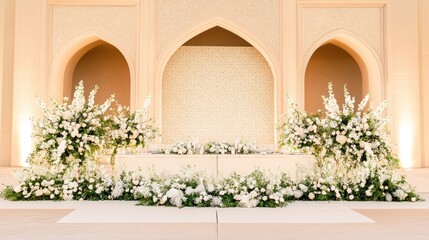 Elegant wedding sweetheart table, floral arrangement, arched backdrop, indoor venue
