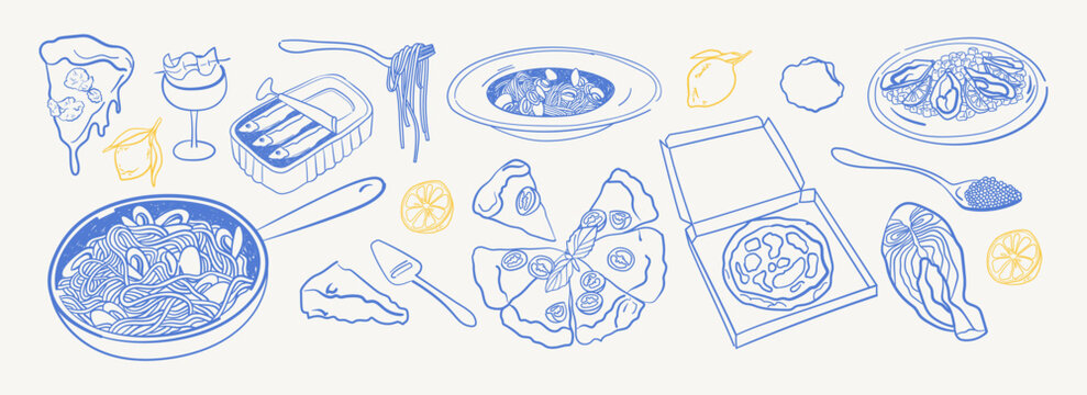 Hand-drawn naive doodle graphics of mediterranean food, pizza, glasses, Italian pasta. Whimsical vector line clipart in trendy dolce vita style. Elegant illustration for invitations, menus, branding.