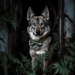 Naklejka premium wolfdog sneaking through an abandoned war camp