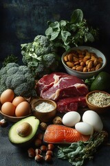 A table of low-fat food items including meat, fish, and vegetables, eggs, nuts, and seeds