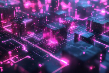 Abstract Cybernetic Grid with Glowing Pink Nodes, Futuristic Design, Generated AI