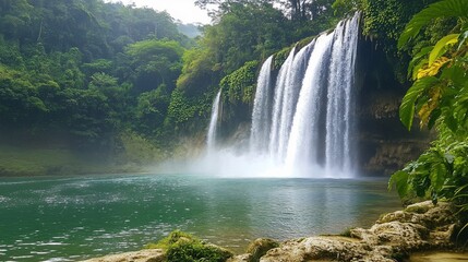 Fototapeta premium Majestic Waterfall Cascading into a Serene Turquoise Pool surrounded by lush greenery