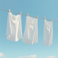 White sheets drying on clothesline, sunny sky. Lifestyle image