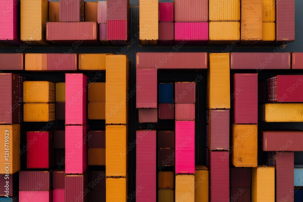 Poster Aerial Container Symphony Geometric Patterns of Vibrant Shipping Crates at Indian Terminal Sunrise - Logistics Innovation and Global Supply Chain Optimization in Sustainable Trade Practices