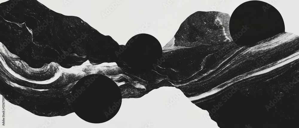 Poster layered black ink patterns and shapes create a striking contrast with a white background