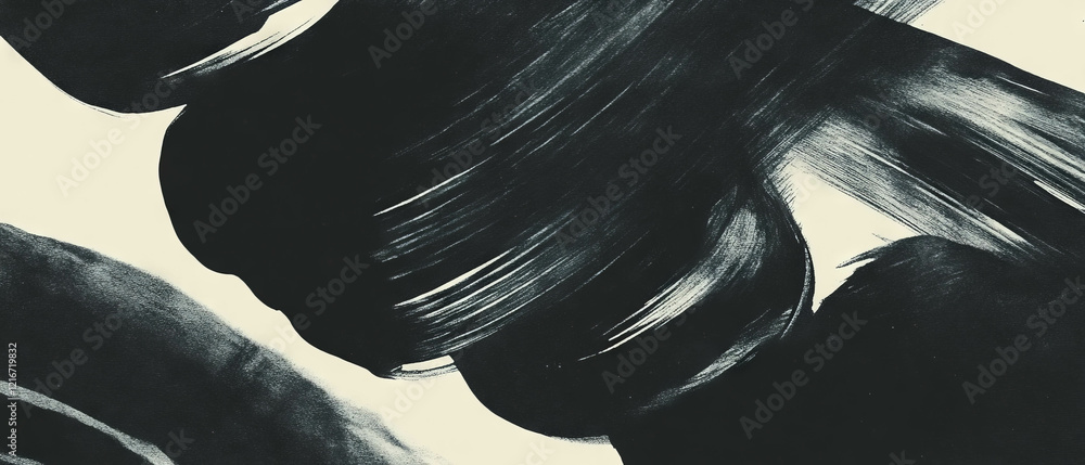Poster layered black ink patterns create dynamic textures on a white background