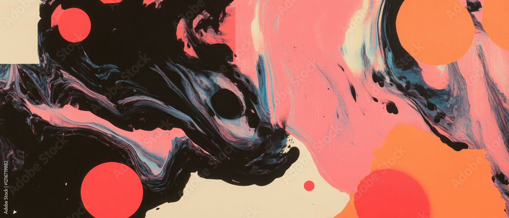 Poster vibrant layered ink patterns with contrasting shapes and opacities in captivating design