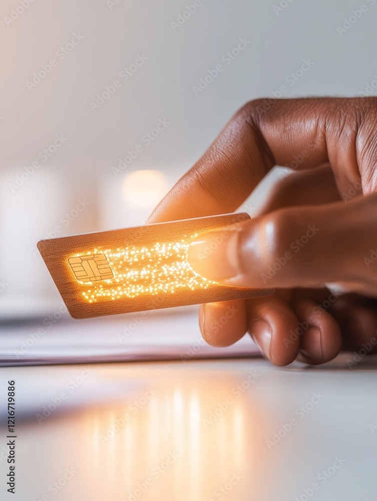 Poster contemporary mobile banking aesthetic close-up of hand with debit card and smartphone in office - fi