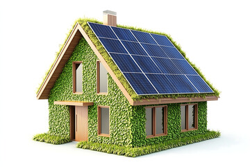 modern house with solar panels on the roof, against a white background