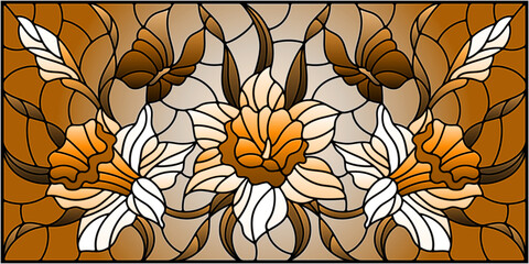 Illustration in stained glass style with a bouquet of daffodils and butterflies on a sky background, tone brown