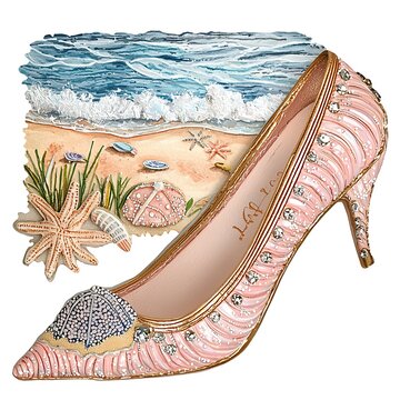 Seashell High Heel Shoe with Ocean Beach Scene.