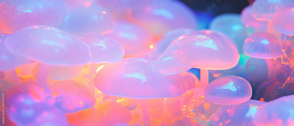 Poster exploring the vivid colors and textures of luminescent mushrooms in a mystical setting